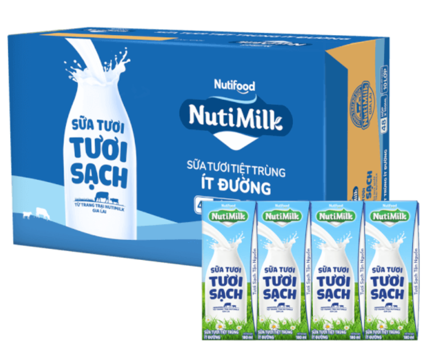 Sữa tươi sạch tiệt trùng Nutimilk, ít đường, 180ml