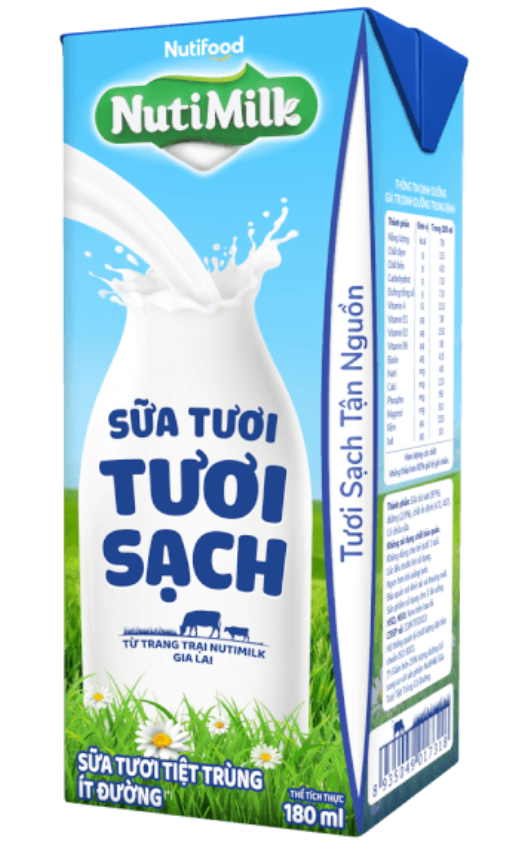 Sữa tươi sạch tiệt trùng Nutimilk, ít đường, 180ml
