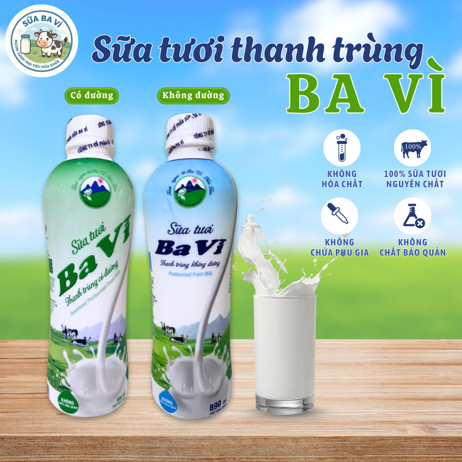Sữa tươi Ba Vì thanh trùng có đường và không đường - chai 890ml