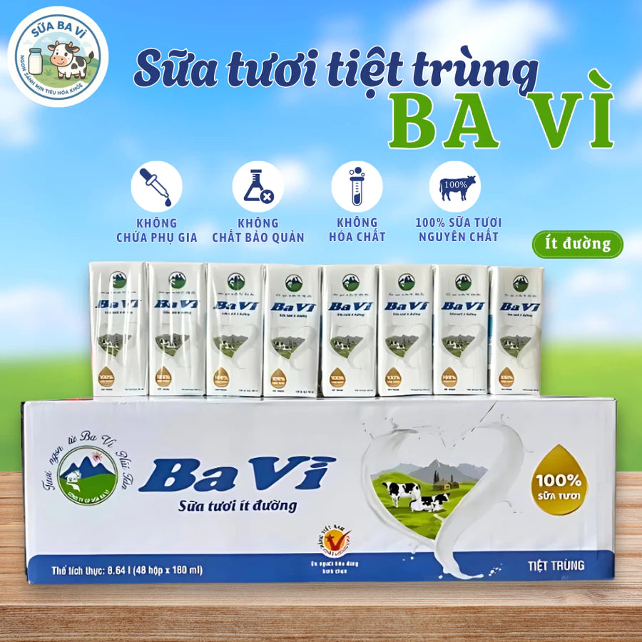 Sữa tươi tiệt trùng Ba Vì ít đường 180ml 48 hộp